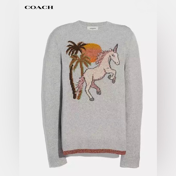 Coach Uni Intarsia Gray Wool & Cashmere Blend Crew Neck Sweater with Unicorn EUC - Picture 7 of 11